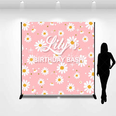 Lofaris Pink Daisy Flowers Custom Backdrop with Gold Glitter and Stars Personalized Name Birthday Party Decor
