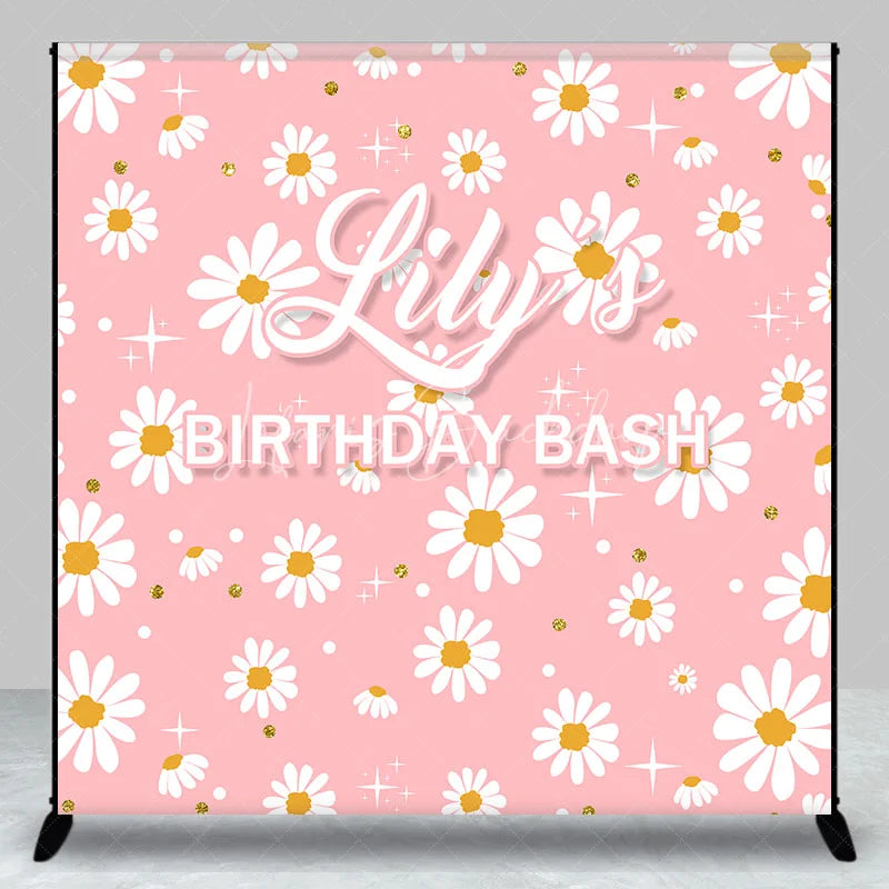 Lofaris Pink Daisy Flowers Custom Backdrop with Gold Glitter and Stars Personalized Name Birthday Party Decor