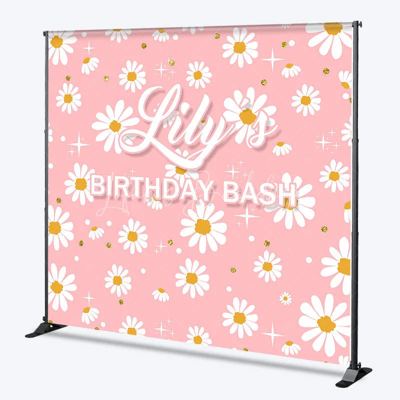 Lofaris Pink Daisy Flowers Custom Backdrop with Gold Glitter and Stars Personalized Name Birthday Party Decor