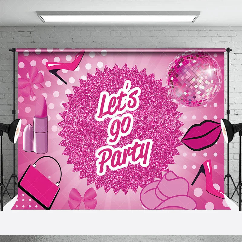 Lofaris Pink Disco Ball Dance Party Backdrop Lets Go Glitter High Heels and Lipstick Background Girly Birthday Decorations