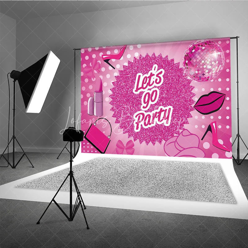 Lofaris Pink Disco Ball Dance Party Backdrop Lets Go Glitter High Heels and Lipstick Background Girly Birthday Decorations