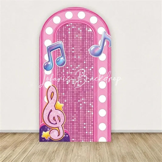Lofaris Pink Disco Musical Notes Arch Backdrop Glitter Stage Cover for Girls Birthday Party Decor
