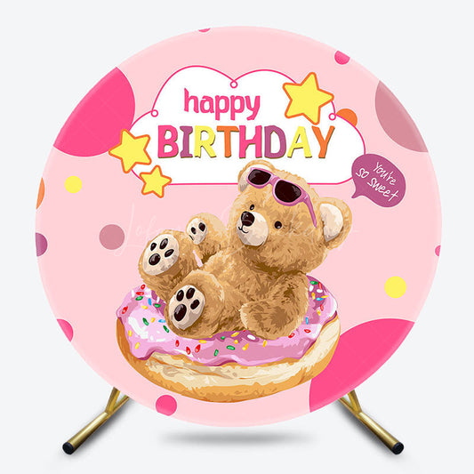 Lofaris Pink Donut Teddy Bear Round Happy Birthday Backdrop