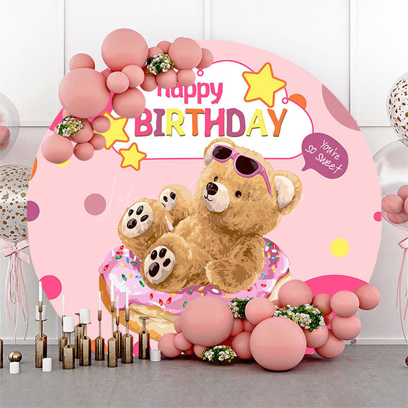 Lofaris Pink Donut Teddy Bear Round Happy Birthday Backdrop