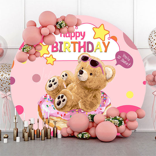 Lofaris Pink Donut Teddy Bear Round Happy Birthday Backdrop
