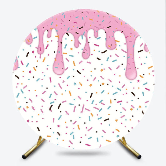 Lofaris Pink Dripping Icing and Colorful Sprinkles Round Backdrop Sweet Dessert Candy Theme Birthday Party Decor