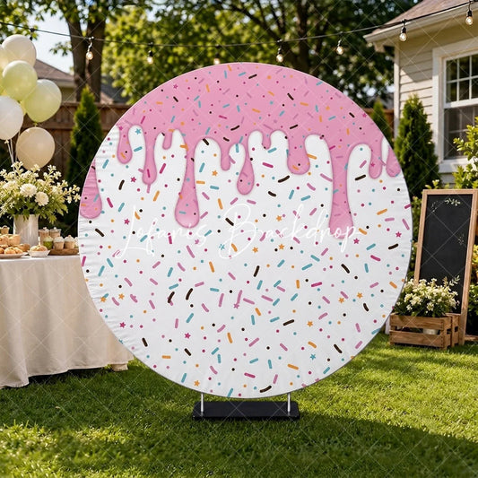 Lofaris Pink Dripping Icing and Colorful Sprinkles Round Backdrop Sweet Dessert Candy Theme Birthday Party Decor