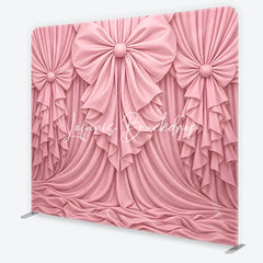 Lofaris Pink Fabric Draped Bows Ruffles Square Double-Sided Backdrop Elegant Romantic Party Decoration.