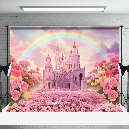 Lofaris Pink Fairy Castle Rainbow Sky Floral Wedding Backdrop