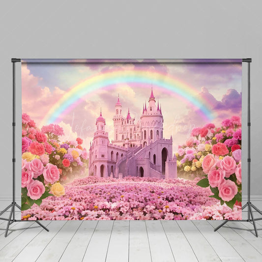 Lofaris Pink Fairy Castle Rainbow Sky Floral Wedding Backdrop