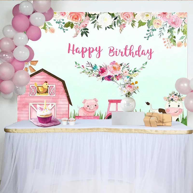 Lofaris Pink Farm Animals Happy Birthday Backdrop for Girls Barnyard Cow and Pig with Tractor Floral Party Photo Prop