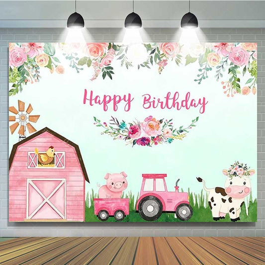 Lofaris Pink Farm Animals Happy Birthday Backdrop for Girls Barnyard Cow and Pig with Tractor Floral Party Photo Prop