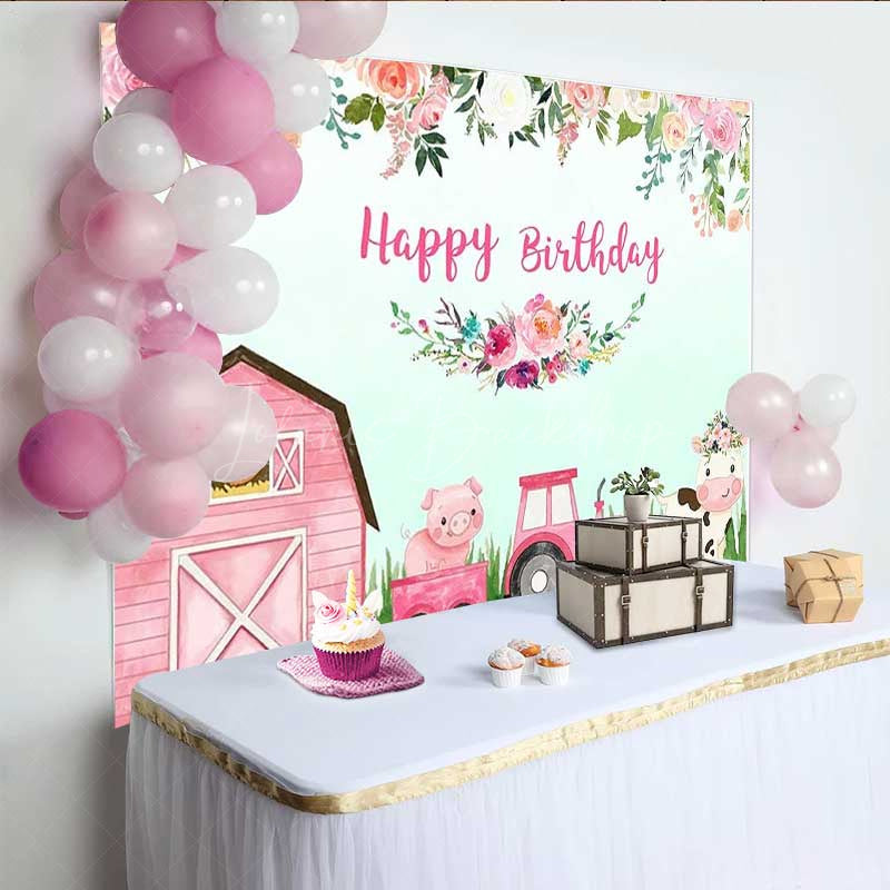 Lofaris Pink Farm Animals Happy Birthday Backdrop for Girls Barnyard Cow and Pig with Tractor Floral Party Photo Prop