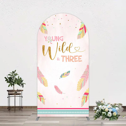 Lofaris Pink Feather Young Wild Three Birthday Arch Backdrop