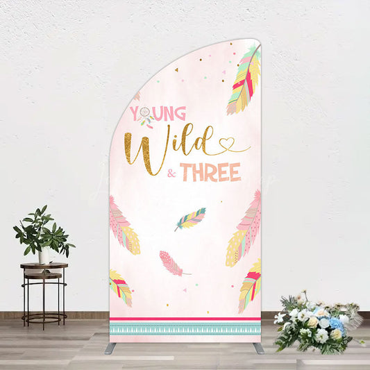 Lofaris Pink Feather Young Wild Three Birthday Half Moon Arch Backdrop