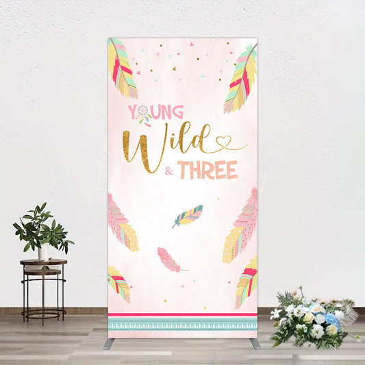 Lofaris Pink Feather Young Wild Three Birthday Rectangle Backdrop