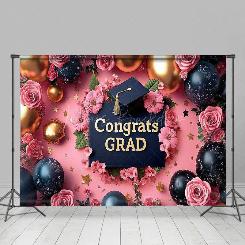 Lofaris Pink Fine Art Floral Balloons Congrats Grad Backdrop