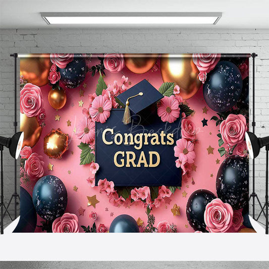 Lofaris Pink Fine Art Floral Balloons Congrats Grad Backdrop