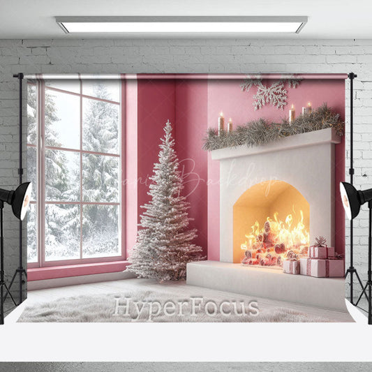 Lofaris Pink Fireplace Window Snow Forest Christmas Backdrop