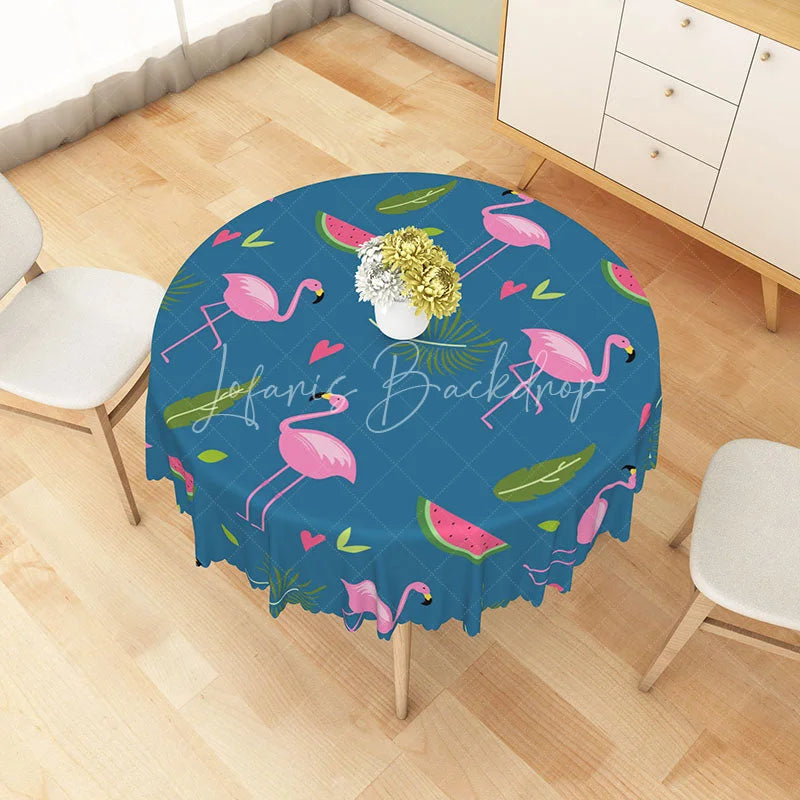 Lofaris Pink Flamingo and Watermelon Round Tablecloth Tropical Summer Party Dining Decor