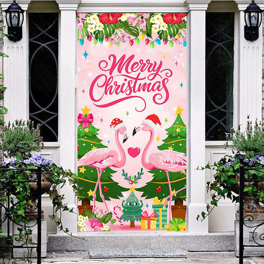 Lofaris Pink Flamingo Floral Merry Christmas Door Cover