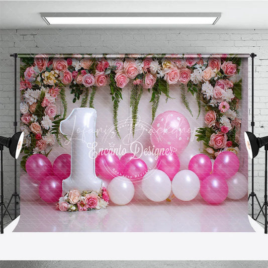 Lofaris Pink Floral and Balloon First Birthday Photography Backdrop Elegant Party Decor