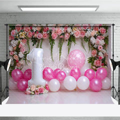 Lofaris Pink Floral and Balloon First Birthday Photography Backdrop Elegant Party Decor