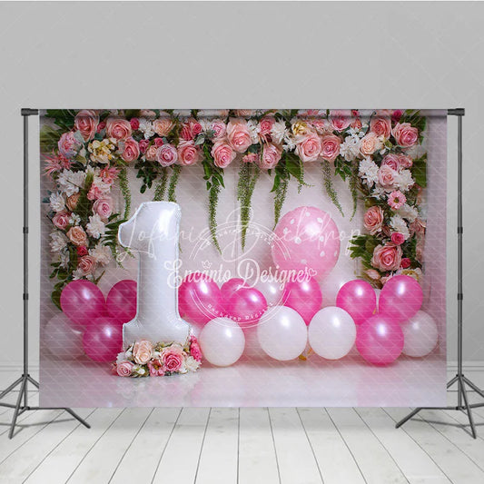 Lofaris Pink Floral and Balloon First Birthday Photography Backdrop Elegant Party Decor