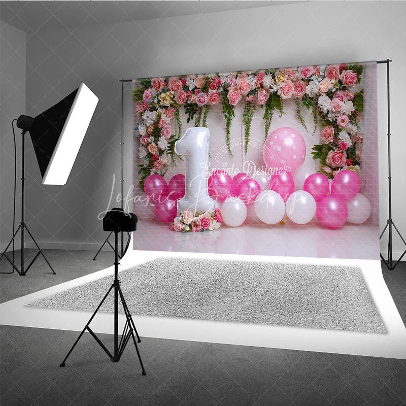 Lofaris Pink Floral and Balloon First Birthday Photography Backdrop Elegant Party Decor