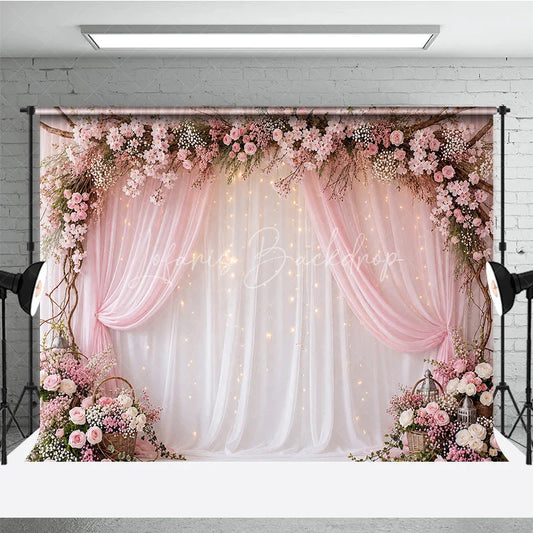 Lofaris Pink Floral Arch and Sheer Drapes Photography Backdrop with Twinkling Fairy Lights Romantic Wedding Party Decor