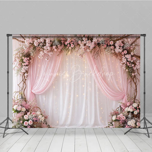 Lofaris Pink Floral Arch and Sheer Drapes Photography Backdrop with Twinkling Fairy Lights Romantic Wedding Party Decor