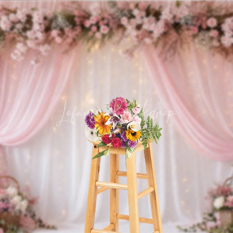 Lofaris Pink Floral Arch and Sheer Drapes Photography Backdrop with Twinkling Fairy Lights Romantic Wedding Party Decor