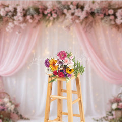 Lofaris Pink Floral Arch and Sheer Drapes Photography Backdrop with Twinkling Fairy Lights Romantic Wedding Party Decor