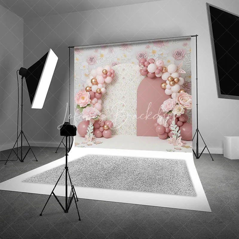 Lofaris Pink Floral Arch Backdrop Pastel Balloon and Rose Flower Garden Photography Background for Girls Baby Shower