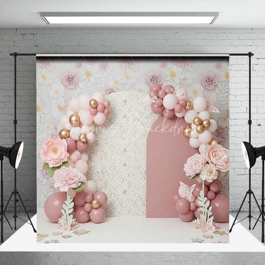 Lofaris Pink Floral Arch Backdrop Pastel Balloon and Rose Flower Garden Photography Background for Girls Baby Shower