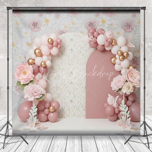 Lofaris Pink Floral Arch Backdrop Pastel Balloon and Rose Flower Garden Photography Background for Girls Baby Shower