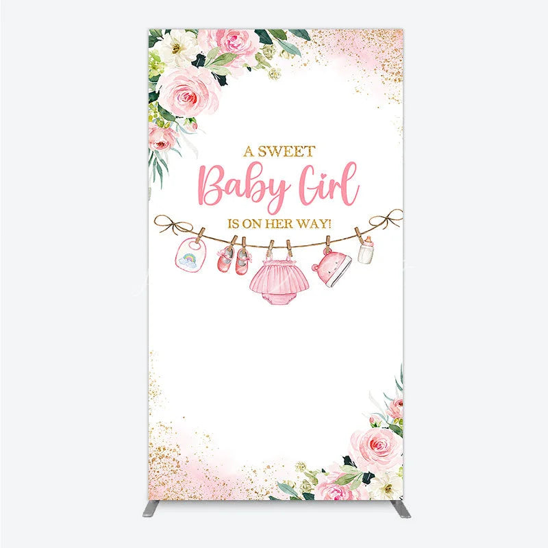 Lofaris Pink Floral Baby Girl Is On Her Way Rectangle Arch Backdrop Sweet Clothesline Design for Shower Party