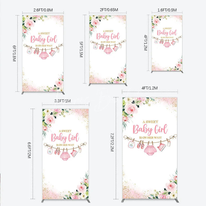 Lofaris Pink Floral Baby Girl Is On Her Way Rectangle Arch Backdrop Sweet Clothesline Design for Shower Party