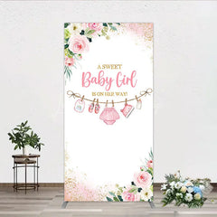 Lofaris Pink Floral Baby Girl Is On Her Way Rectangle Arch Backdrop Sweet Clothesline Design for Shower Party