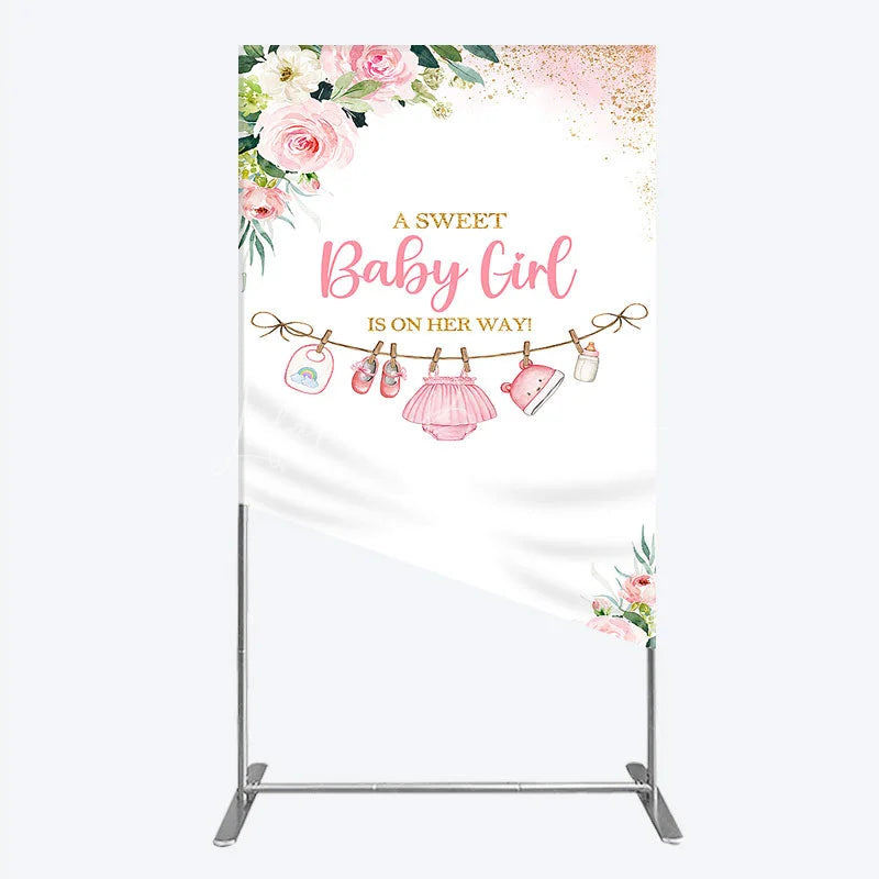 Lofaris Pink Floral Baby Girl Is On Her Way Rectangle Arch Backdrop Sweet Clothesline Design for Shower Party