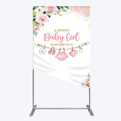 Lofaris Pink Floral Baby Girl Is On Her Way Rectangle Arch Backdrop Sweet Clothesline Design for Shower Party