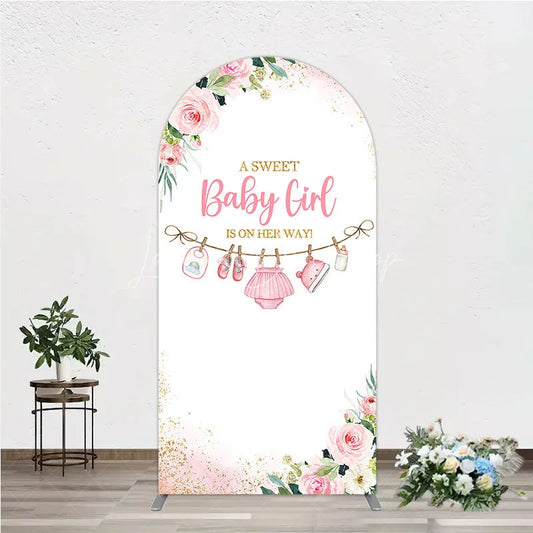 Lofaris Pink Floral Baby Girl Is On Her Way Round Top Arch Backdrop with Clothesline and Golden Glitter