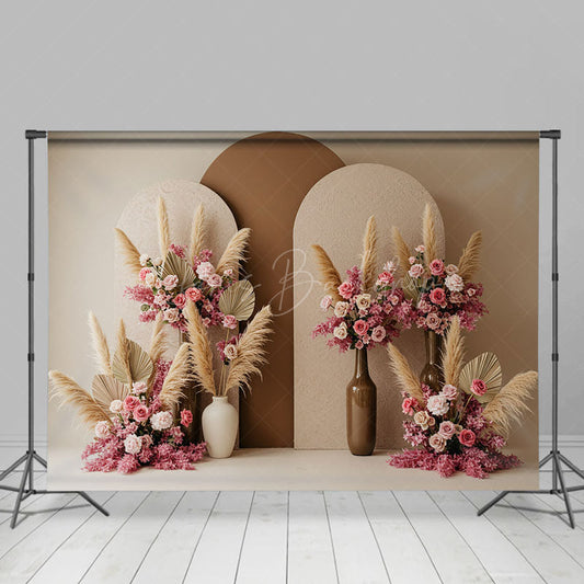 Lofaris Pink Floral Boho Feather Wedding Photography Backdrop