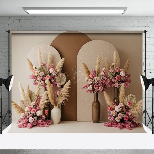 Lofaris Pink Floral Boho Feather Wedding Photography Backdrop