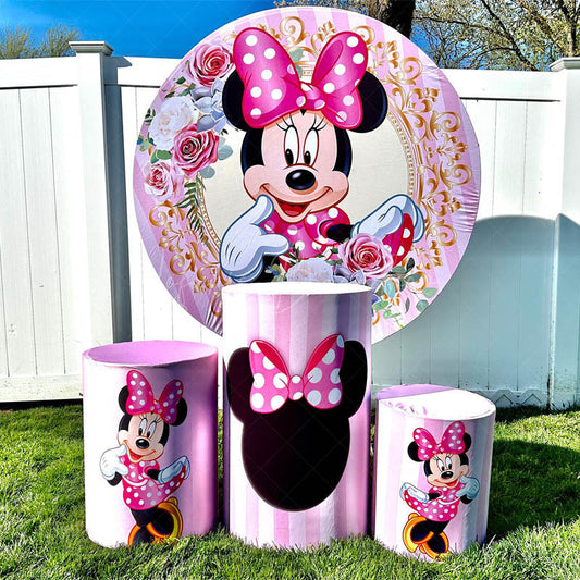 Lofaris Pink Floral Bow Girls Party Round Birthday Backdrop Kit