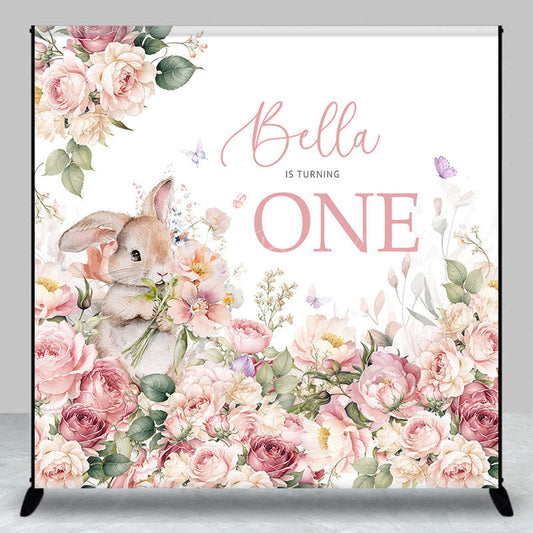Lofaris Pink Floral Bunny Custom Name 1st Birthday Backdrop