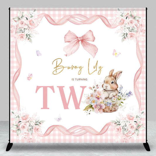 Lofaris Pink Floral Bunny Custom Name 2nd Birthday Backdrop