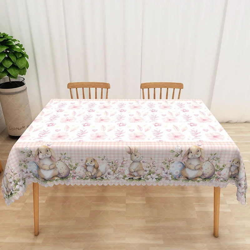 Lofaris Pink Floral Bunny Rectangle Tablecloth Spring Flower Rabbit Pattern Table Cover Easter Kitchen Dining Decor