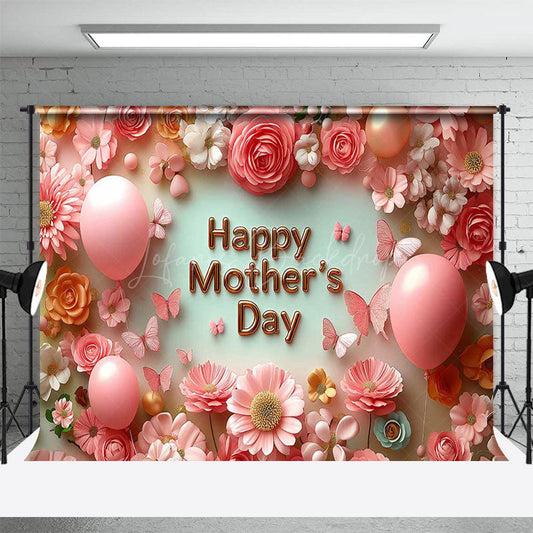 Lofaris Pink Floral Butterfly Balloons Mothers Day Backdrop