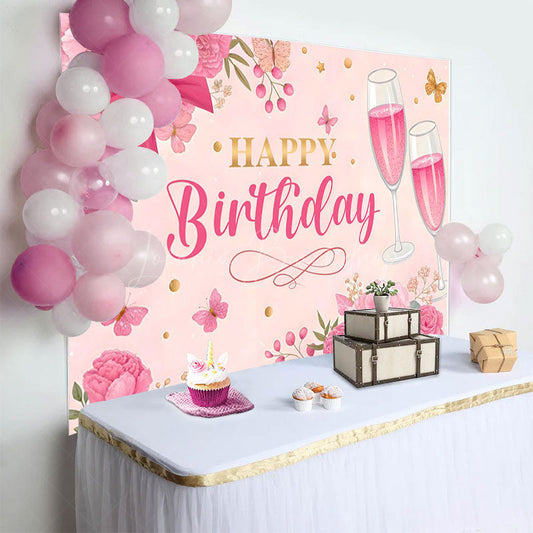Lofaris Pink Floral Butterfly Cheers To Birthday Backdrop